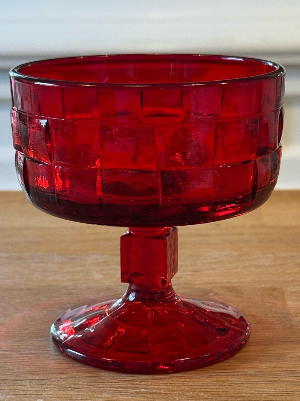 ❤️ Viking Glass Georgian Ruby Red Sherbet Coupe Honeycomb Square Stem 1960s